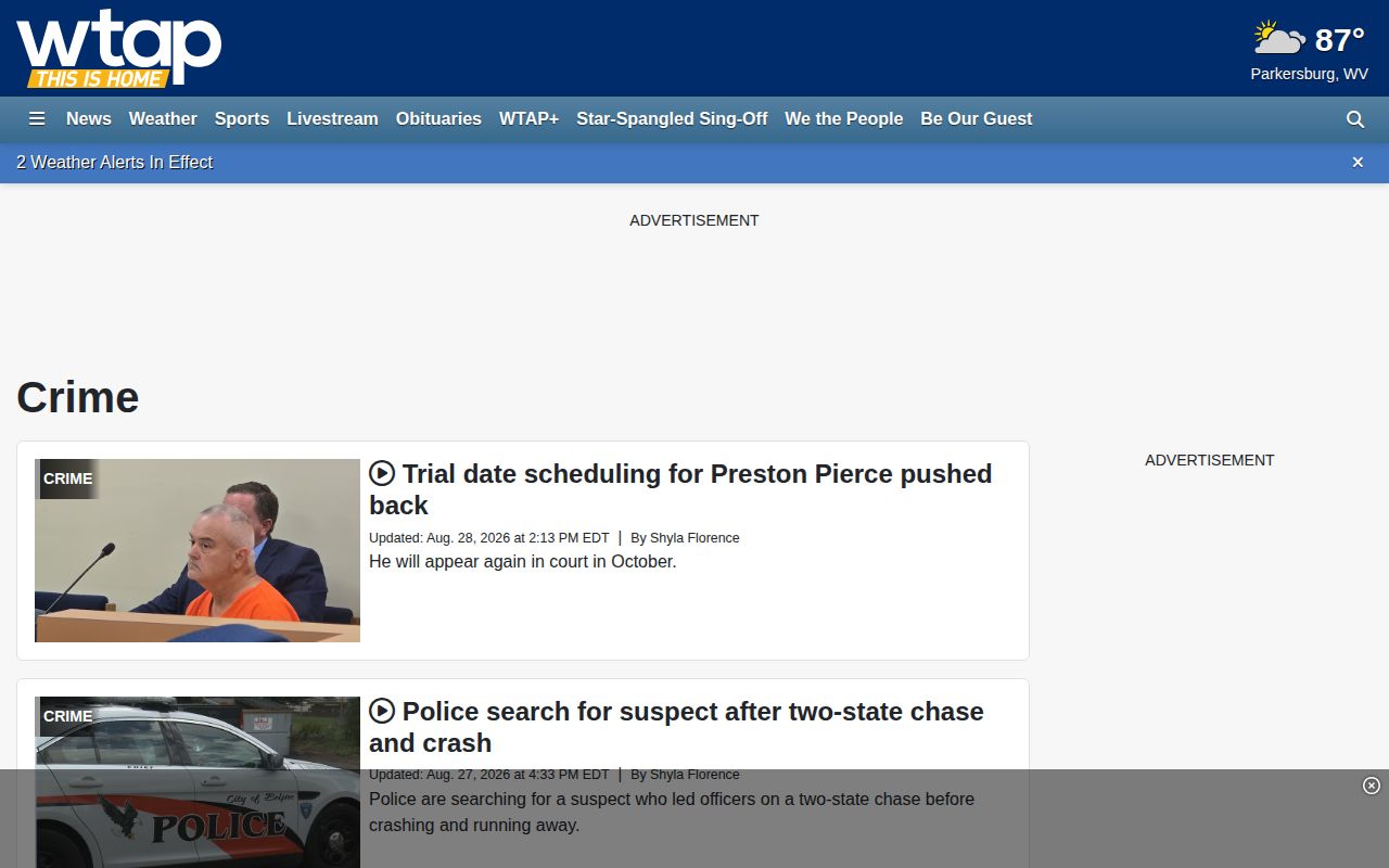 WTAP regional crime-news index used to locate Wirt County arrest reporting