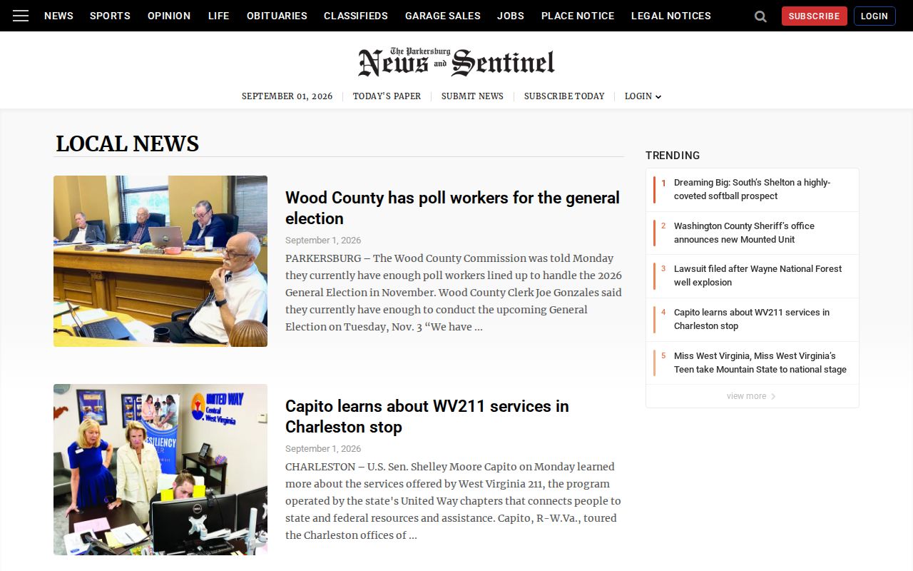 Parkersburg News and Sentinel local-news section for Wirt County court and arrest-record coverage